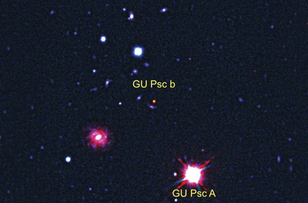 La planète GU Psc b se trouve à près de trois cents milliards de kilomètres de son étoile, GU Psc A, un record. Photo CFHT/Gemini South.