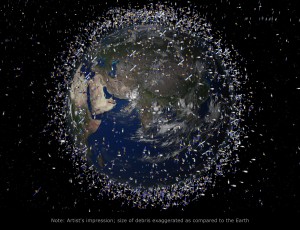 Représentation des débris spatiaux en orbite basse, la même que celle de l'ISS (ESA)