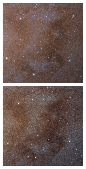 Lorsque l'on compare l'image de la galaxie d'Andromède prise par Hubble, en bas, à la même définition que celles prises par les plus puissants télescopes terrestres - ici, le télescope géant Subaru, à Hawaii, en haut - les images semblent identiques... Photos NAOJ/Robert Gendler/Nasa/ESA/STSCI.