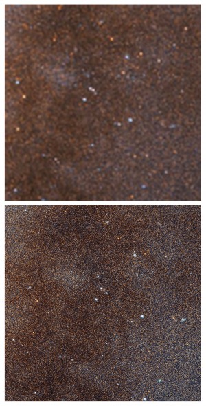 ... Mais si l'on présente les images à la résolution obtenue par le télescope spatial Hubble, un vertigineux poudroiement d'étoiles apparaît. L'image de Hubble montre cent fois plus de détails que les photographies obtenues jusqu'ici par les télescopes terrestres. PhotoNAOJ/Robert Gendler/Nasa/ESA/STSCI.