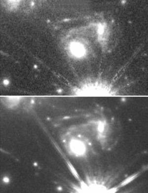 Ces deux images montrent, en haut, l'amas de galaxies avant l'apparition de la supernova, en bas, les quatre images de la supernova entourant la galaxie géante faisant office de lentille gravitationnelle. Photo Nasa/STSCI.