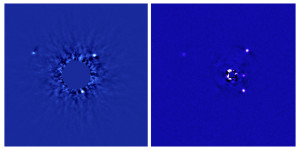 A gauche, le système de HR 8799 vu par le télescope Gemini North en 2008, à droite, les planètes ont bougé, et une quatrième planète apparaît, sur l'image du LBT. Photo Gemini North/LBTO.