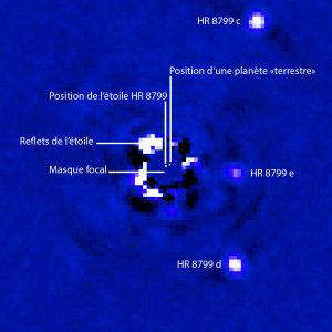 Sur ce montage de l'image de HR 8799 prise par le LBT, une planète terrestre fictive a été rajoutée. La distance à l'étoile est respectée. L'observation d'un tel astre est hors de portée de la génération de télescope actuelle, et même de la prochaine génération de télescopes géants, qui mesureront 20 à 40 mètres de diamètre. Photo LBTO.