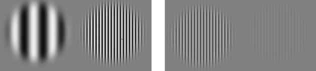 Figures de Gabor. A gauche : les deux figures montrent une variation de fréquence. A droite : variation de contraste. 