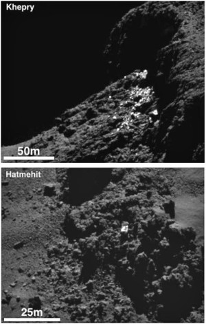 En survolant la comète à une vingtaine de kilomètres de distance seulement, la sonde Rosetta est parvenu à la photographier en très gros plan. Sur ces images, les plus petits détails mesurent environ un mètre. En haut, un amoncellement de rochers couverts de glace, au pied d'une falaise. En bas, un bloc isolé, mesurant environ 3 mètres mais ne pesant que quelques grammes, a été éjecté par un geyser puis a « volé » sur une grande distance avant de retomber à la surface... Photos ESA.