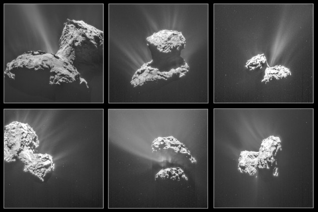 L'activité de la comète Churyumov-Gerasimenko augmente avec la distance au Soleil qui diminue. La glace d'eau, mais aussi de gaz carbonique, de méthane, qui est enfermée dans le sous-sol de la comète s'échauffe et est éjectée dans l'espace, bouleversant les paysages miniatures de ce petit corps céleste. Photos ESA. 