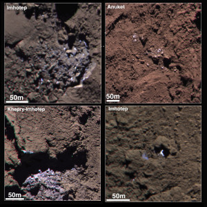 A la surface de la comète  Churyumov-Gerasimenko, sombre comme du charbon, des blocs de glace brillent au Soleil. Ces images ont été prises en septembre 2014, à une époque où la comète était loin du Soleil et où la glace, plongé dans le froid et l'obscurité, ne se sublimait que très lentement. Photos ESA.