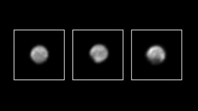 Pluton, photographiée par la sonde New Horizons les 8, 10 et 12 mai 2015, à la distance respective de 80, 77 et 75 millions de kilomètres. Ces images sont les meilleures jamais prises de la planète naine. Le 14 juillet 2015, la sonde de la Nasa passera à seulement 11 000 kilomètres de la surface de Pluton. Photos JPL/Nasa.