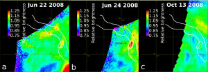 Cette observation est décisive : alors que la camera VRM (Venus Monitoring Camera) mesure en infrarouge la température du sol de Vénus, en 2008, elle détecte un point chaud à la surface, dont l'emplacement ne varie pas, contrairement aux structures nuageuses. Deux autres points chauds dans cette même région vénusienne confirment l'activité volcanique de Vénus. Sur cette série d'images infrarouges, le point chaud (object A) apparaît le 22 juin, est mesuré le 24 à sa température maximale de 830 °C, puis, en octobre 2008, il a disparu. Photos ESA.