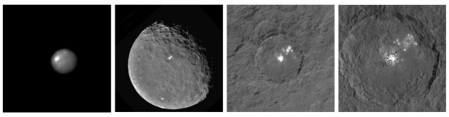 Les "spots blancs" de la planète naine Cérès sont tellement brillants qu'ils ont été détectés voici des années par le télescope spatial Hubble. Aujourd'hui, la sonde américaine Dawn se rapproche de plus en plus de ces formations mystérieuses. Bientôt la fin de l'énigme ? Photos Nasa.