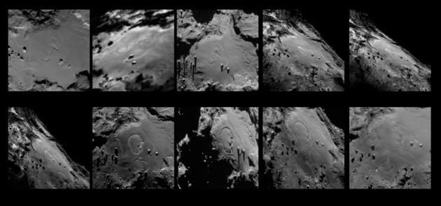 Cette série d'images prises par la sonde Rosetta entre mai et juillet 2015 met en évidence les spectaculaires changements intervenus à la surface de la comète Churyumov-Gerasimenko. Dans la région appelée Imhotep, des structures de forme circulaire, mesurant respectivement 220 m et 140 m sont apparues brusquement, avant de se fondre en une seule structure, avant que d'autres nouveaux détails n'apparaissent ailleurs. Rosetta va photographier de nouveau Imhotep dans les mois qui viennent pour découvrir comment la région a été bouleversée par le passage au plus près du Soleil, au mois d'août... Photo ESA.