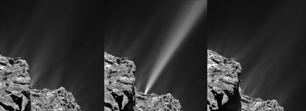 Fin juillet, à l'approche du Soleil, la comète Churyumov-Gerasimenko connaît une brusque éruption. Un jet de gaz et de poussières s'élève au dessus de la surface de la comète, durant une dizaine de minutes seulement. Le jet, expulsé à plus de 10 mètres par seconde, s'échappe à tout jamais dans l'espace. Photo ESA.