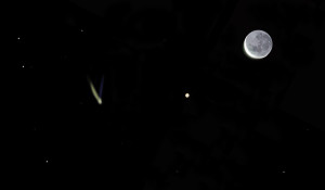 Le 7 décembre 2015 en fin de nuit, le croissant de la Lune, la brillante planète Vénus et la comète seront visibles ensemble dans le ciel de l'aube. Photomontage S.Brunier