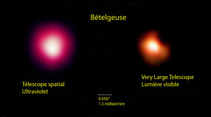 La toute première image de la surface de Bételgeuse avait été prise dans l'ultraviolet par le télescope spatial Hubble. A 260 nanomètres de longueur d'onde, l'étoile – ou plus exactement sa chromosphère – apparaît plus grande que la surface visible, ou photosphère, photographiée par le VLT vers 600 nanomètres de longueur d'onde, dans le domaine de la lumière visible. Ces deux images sont parmi les seules jamais prises de la surface d'une étoile. Photos NASA/ESO.