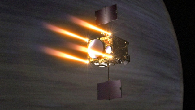 Après l'échec de sa satellisation autour de Vénus, en 2010, on a cru le robot spatial japonais Akatsuki perdu. Mais après neuf révolutions autour du Soleil, Akatsuki s'est rapproché de Vénus, et s'est satellisée autour de la planète avec ses petits moteurs d'appoint. Dessin Jaxa.