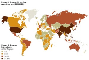 Répartition du nombre de désastres climatiques par pays (CRED-UNISDR).