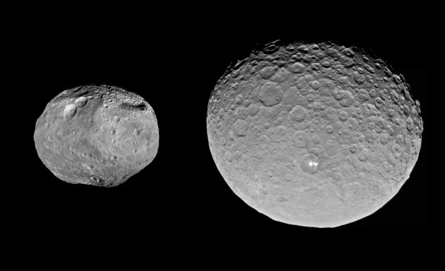 La sonde américaine Dawn a réalisé une première dans l'histoire de l'exploration du système solaire : Dawn s'est d'abord satellisée autour de l'astéroïde Vesta, avant de se mettre en orbite autour de la planète naine Cérès. Photos Nasa.