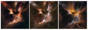 Ces trois images de HH 24 ont été obtenues, à gauche, par le télescope de 2,2 m de diamètre de l'observatoire de la Silla, au Chili, au centre par le télescope Gemini North de 8,2 m de diamètre, à Hawaii, à droite, par le télescope spatial Hubble de 2,4 m, dans l'espace. L'image de gauche a été prise dans la lumière visible, les deux autres en infrarouge. La résolution du télescope spatial, libéré de l'atmosphère terrestre, permet d'observer la minuscule nébuleuse en grand détail. Le champ représenté ici mesure seulement 1 minute d'arc de côté. Photos ESO/NOAO/Nasa.