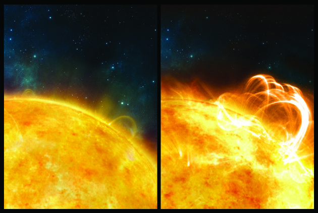 Comparée à une éruption classique (à gauche), voilà ce que serait une super-éruption solaire (à droite, vue d'artiste). University of Warwick/Ronald Warmington.