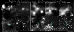 La distance à laquelle les astronomes sont capables d'identifier et étudier les étoiles augmente d'année en année. Les étoiles supergéantes de type Eta Carinae détectées par Hubble sont situées dans les galaxies M 51, M 83, M 101, NGC 6946, distantes de 15 à 26 millions d'années-lumière... Photos Nasa/ESA/STSCI.