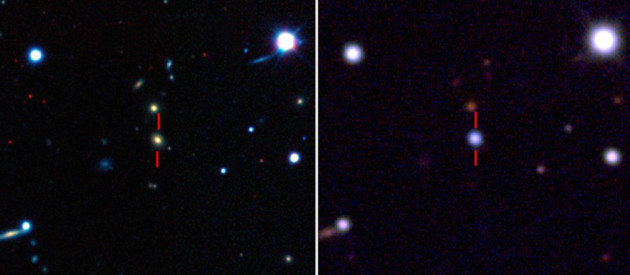 A 2,7 milliards d'années-lumière, une galaxie géante comptant plusieurs centaines de milliards d'étoiles brille dans le cosmos, à gauche. Cette image a été prise en 2014. A droite, en juin 2015, une supernova d'une brillance extraordinaire éclipse par son éclat la galaxie entière... Photos ASAS-SN. 