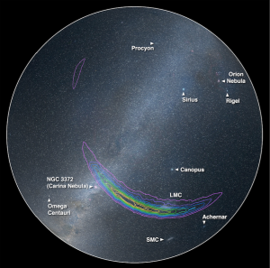 Avec seulement deux instruments d'observation, il est impossible aux astronomes de repérer exactement l'endroit du ciel où a eu lieu, à 1.3 milliard d'années-lumière d'ici, la fusion des deux trous noirs. Voici la zone du ciel austral qu'on arpenté, en vain, les télescopes gamma, X, optiques et radio à la recherche d'une trace de l'évènement... Avec l'ajout de l'instrument Virgo, la précision du repérage sera cent fois plus grande. La résolution de cet interféromètre gravitationnel à trois télescopes avoisinera dix degrés. Photo NSF.