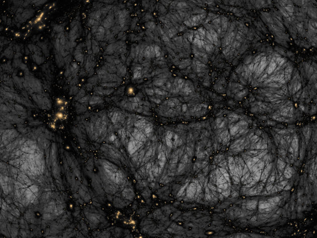 Simulation de l’agglomération des galaxies autour des noeuds de filaments de matière noire. Crédit : KIPAC (Kali institut for particle astrophysics and cosmology)