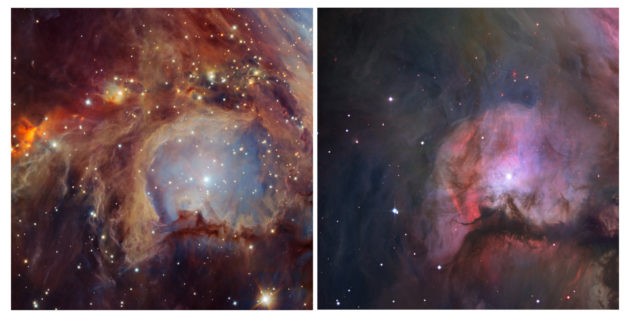 Gros plan sur la nébuleuse d'Orion. Le Very Large Telescope européen révèle un grand nombre d'astres invisibles sur l'image prise par le télescope spatial Hubble. Photos ESO/Nasa/ESA. 